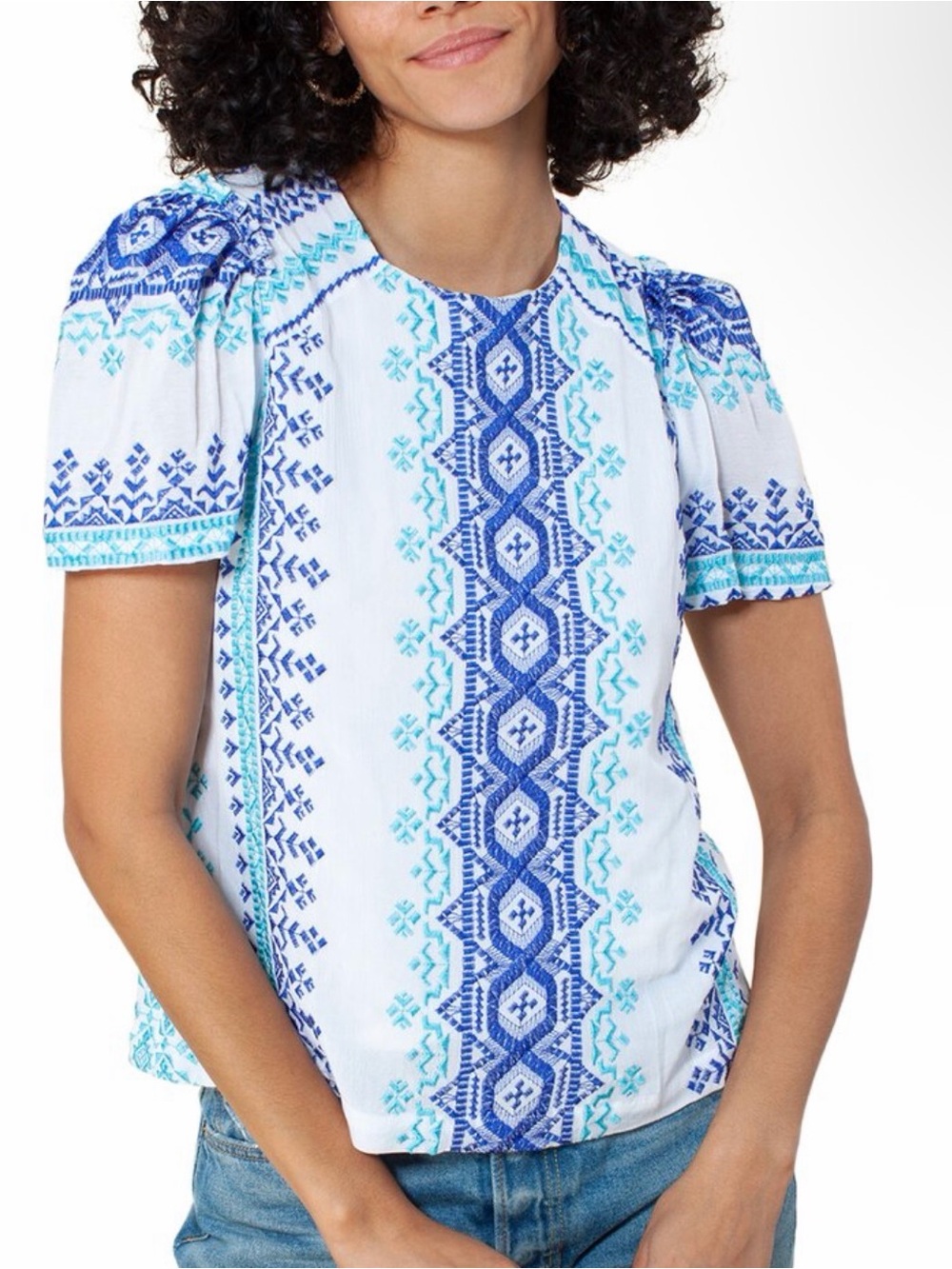 HALE BOB Blue Embroidered Short-Sleeve Women's Top
